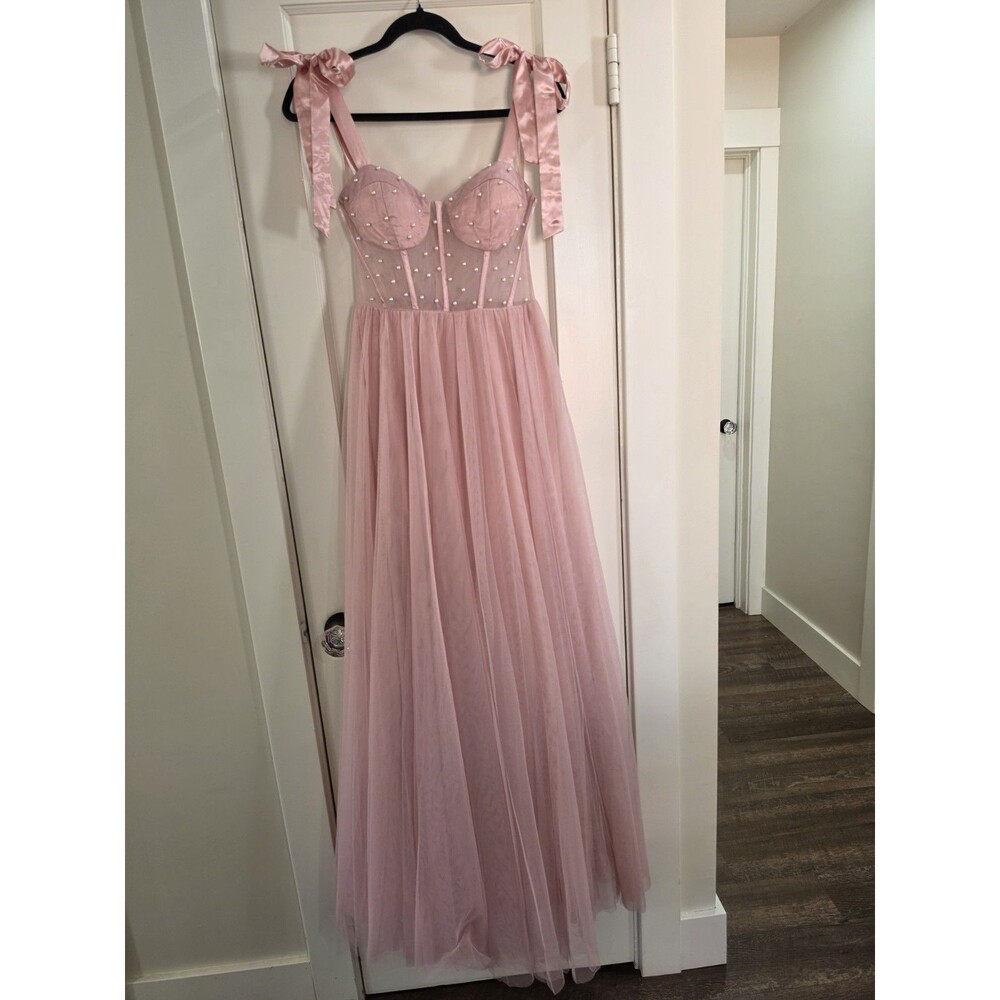 City Studios Pink Pearl Bow Corset Tulle Gown Sweetheart Strappy Long Dress 3/4